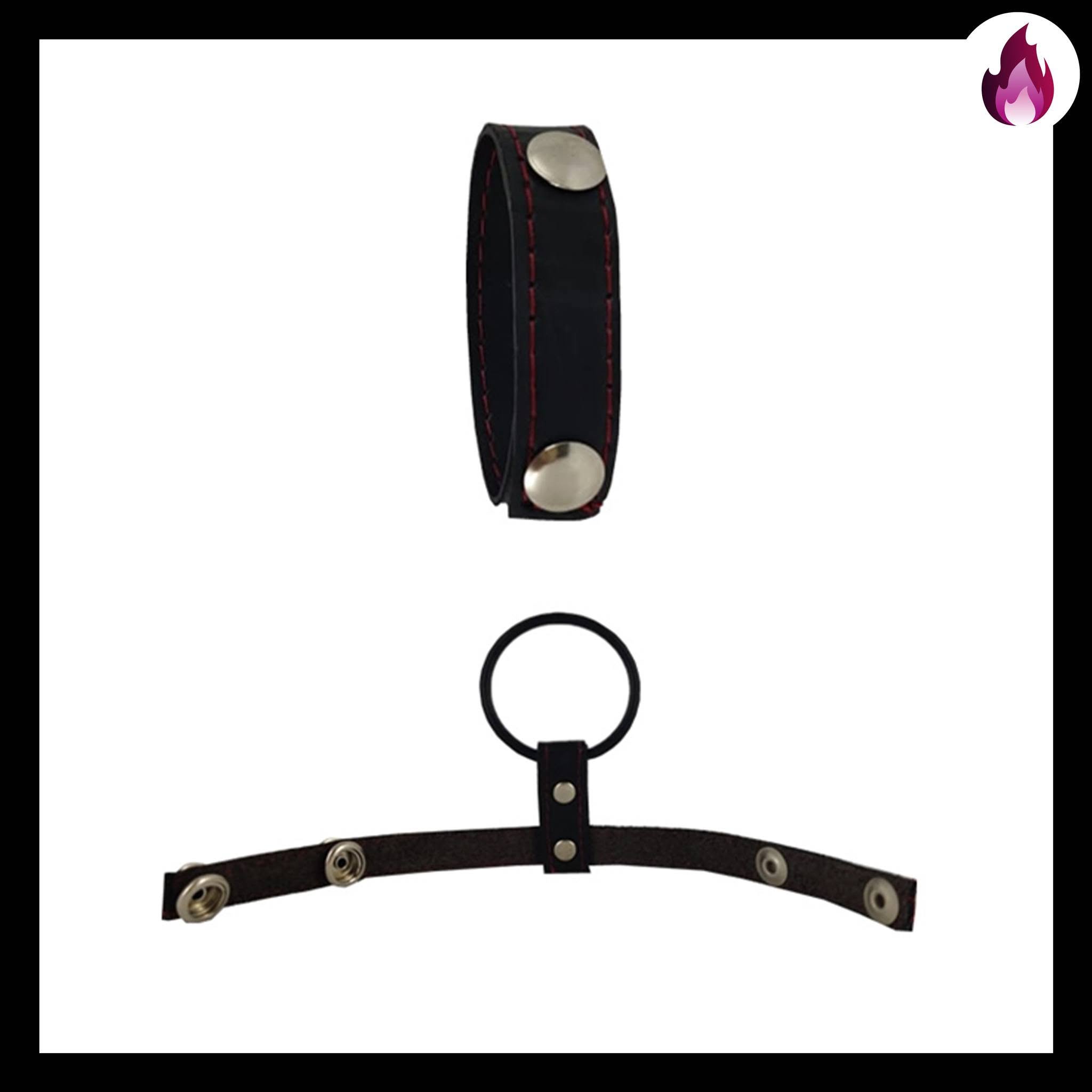 ANC-001 ANILLO PENEANO DE CUERO CON BOTON Y ANILLO PARA TESTICULOS
